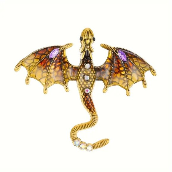 Dragon Brooch Pin Rhinestones Large Wyvern Trendy Stylish Magical Glam Serpent - Picture 1 of 2